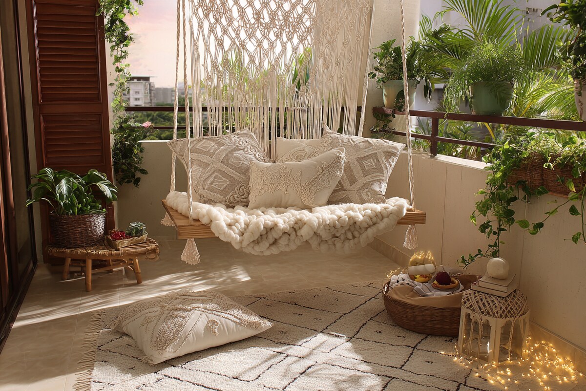 Bohemian Balcony Design with Swing and Patterned Pillows Bohemian Balcony Design with Swing and Patterned Pillows